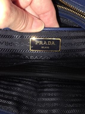 Prada Milano Navy Leather Handbag with Gold Plaque